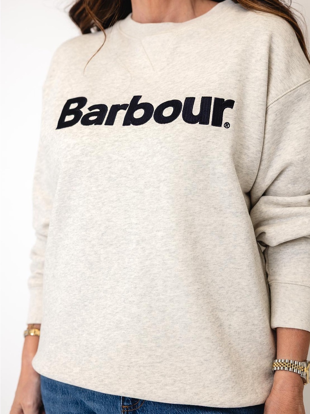 Barbour Stitched Logo Crew Neck Jumper Grey Women's Oatmeal Logo Sweatshirt 6